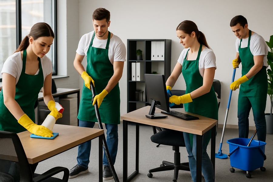 Commercial cleaning team at work in a modern office Commercial cleaning team at work in a modern office